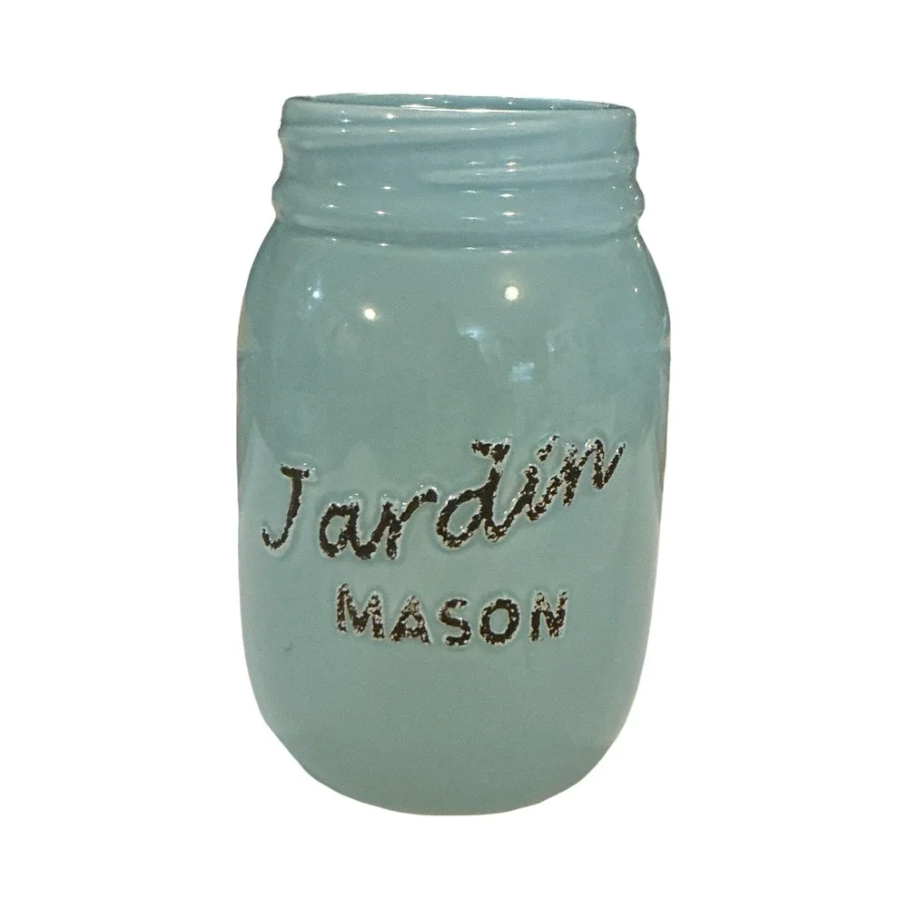 Jardin Mason Jar Ceramic Vase Planter Light Blue Farmhouse Decor - Picture 6 of 6